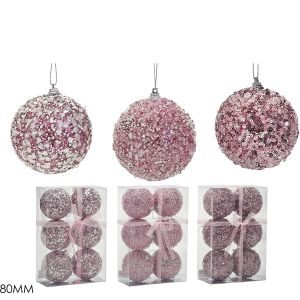 Χριστουγεννιάτικη Μπάλα Ροζ 80mm Σετ 6Τμχ Σε 3 Σχέδια