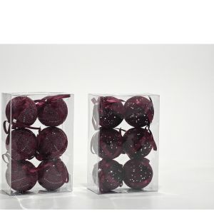 Χριστουγεννιάτικες Μπάλες Μπορντό 80mm Σετ 6Τμχ Σε 2 Σχέδια