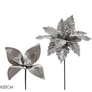 Χριστουγεννιάτικο Κλαδί Με Λουλούδι Ασημί 20cm Σε 2 Σχέδια