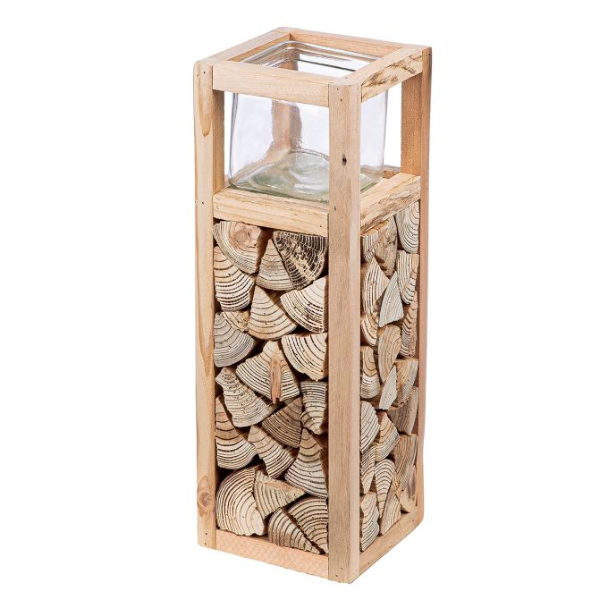 Ανεμοφωτιστικό 'Catasta' Γυαλί/Ξύλο Εκρού 14x14x40cm