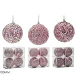 Χριστουγεννιάτικη Μπάλα Ροζ 100mm Σετ 4Τμχ Σε 3 Σχέδια
