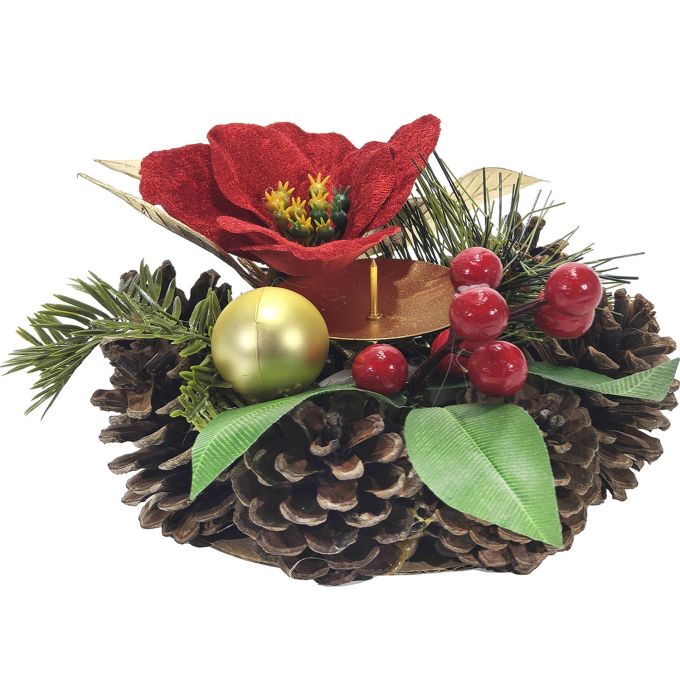 Χριστουγεννιάτικο Κηροπήγιο Με Κουκουνάρια Κόκκινο/Χρυσό Φ14.5cm