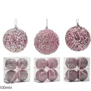 Χριστουγεννιάτικη Μπάλα Ροζ 100mm Σετ 4Τμχ Σε 3 Σχέδια