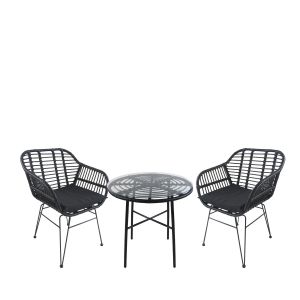 Σετ Τραπεζαρία Κήπου ArteLibre APPIUS Μαύρο Μέταλλο/Rattan/Γυαλί Με 2 Καρέκλες 14990382