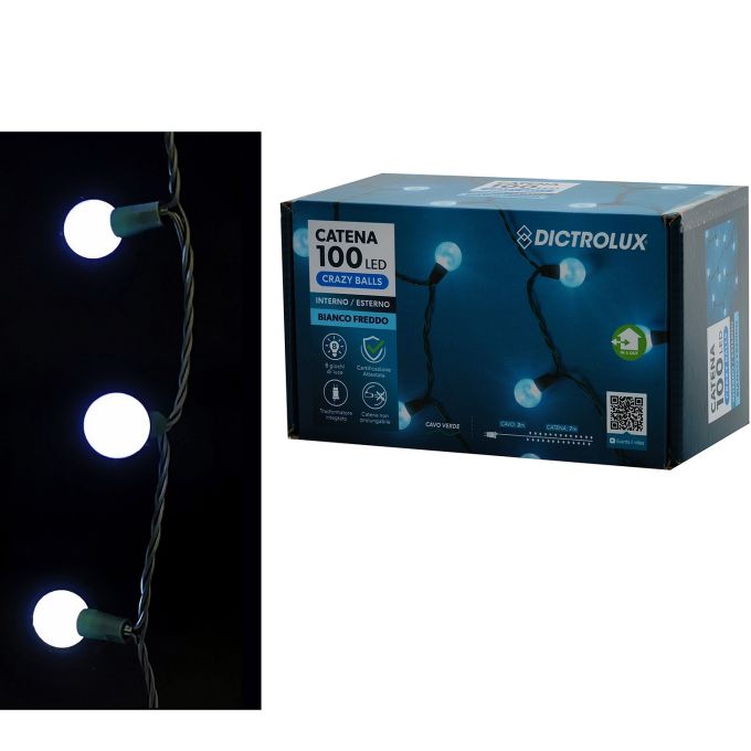 100 LED Μπάλες Εσωτ. & Εξωτ. Χώρου Με 8 Προγράμματα Και Μετασχηματιστή Ψυχρό Λευκό Φως Πράσινο Καλώδιο 7+3m