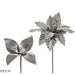 Χριστουγεννιάτικο Κλαδί Με Λουλούδι Ασημί 20cm Σε 2 Σχέδια