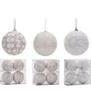 Χριστουγεννιάτικη Μπάλα Λευκό 100mm Σετ 4Τμχ Σε 3 Σχέδια