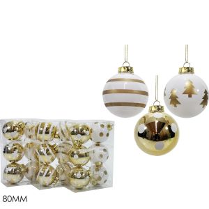 Χριστουγεννιάτικη Μπάλα Λευκό/Χρυσό 80mm Σετ 6Τμχ Σε 3 Σχέδια