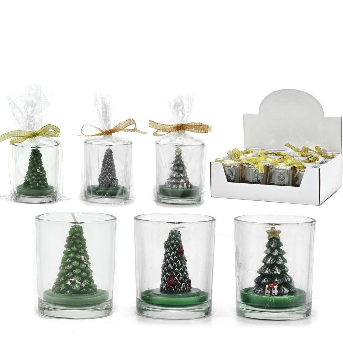 Χριστουγεννιάτικο Κερί Σε Γυάλινο Ποτήρι Δέντρο 6cm Σε 3 Σχέδια