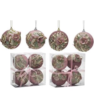 Χριστουγεννιάτικη Μπάλα Ροζ 100mm Σετ 4Τμχ Σε 2 Σχέδια