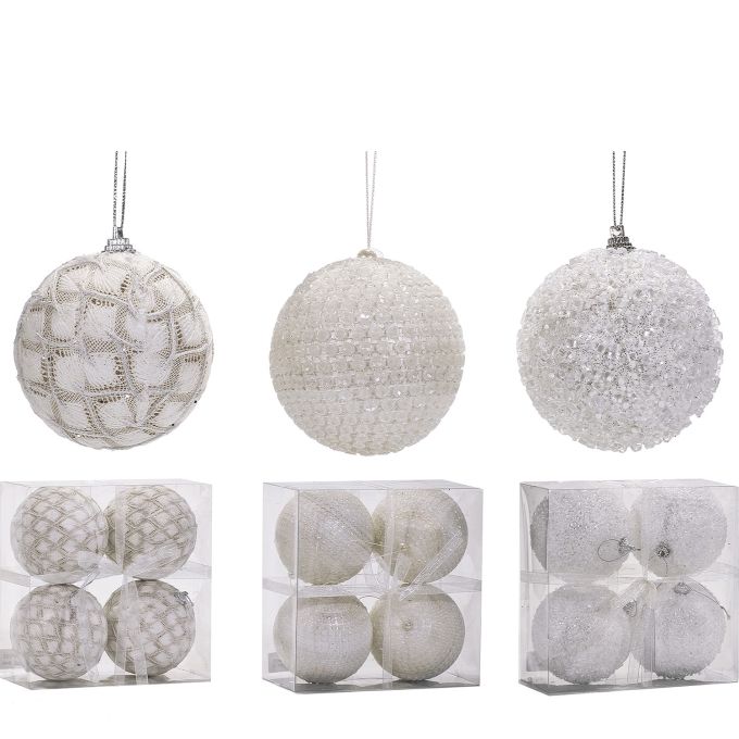 Χριστουγεννιάτικη Μπάλα Λευκό 100mm Σετ 4Τμχ Σε 3 Σχέδια