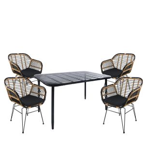 Σετ Τραπεζαρία Κήπου ArteLibre ANNIUS Μαύρο Μέταλλο/Rattan/Γυαλί Με 4 Καρέκλες 14990366