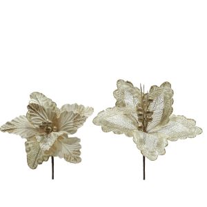 Χριστουγεννιάτικο Λουλούδι Σαμπανιζέ Με Χρυσό Γκλίτερ 40cm Σε 2 Σχέδια