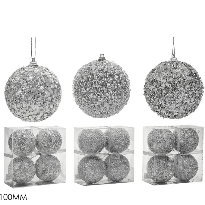 Χριστουγεννιάτικη Μπάλα Ασημί 100mm Σετ 4Τμχ Σε 3 Σχέδια