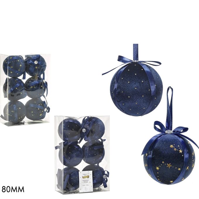 Χριστουγεννιάτικη Μπάλα Μπλε 80mm Σετ 6Τμχ Σε 2 Σχέδια