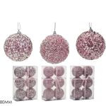 Χριστουγεννιάτικη Μπάλα Ροζ 80mm Σετ 6Τμχ Σε 3 Σχέδια