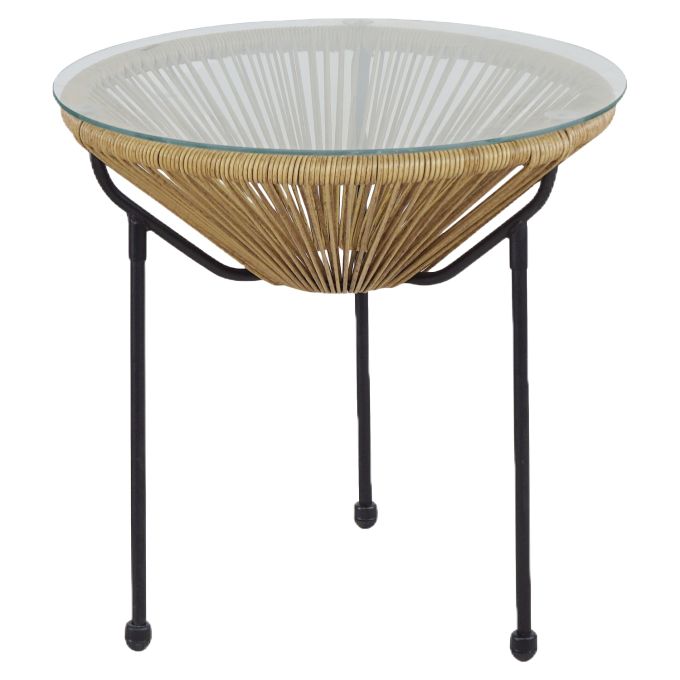 Τραπέζι Κήπου ArteLibre GANYMEDE Φυσικό/Μαύρο Μέταλλο/Γυαλί/Rattan Φ50x50cm