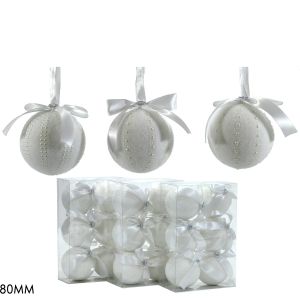 Χριστουγεννιάτικη Μπάλα Λευκό 80mm  Σετ 6Τμχ Σε 3 Σχέδια