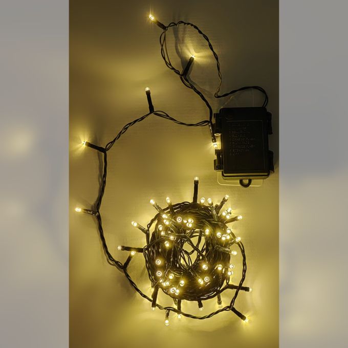 100 LED Εσωτ. & Εξωτ. Χώρου Με Χρονοδιακόπτη Θερμό Λευκό Φως Πράσινο Καλώδιο Μη Επεκτεινόμενο Μπαταρίας 13.9+0.2m