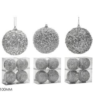 Χριστουγεννιάτικη Μπάλα Ασημί 100mm Σετ 4Τμχ Σε 3 Σχέδια