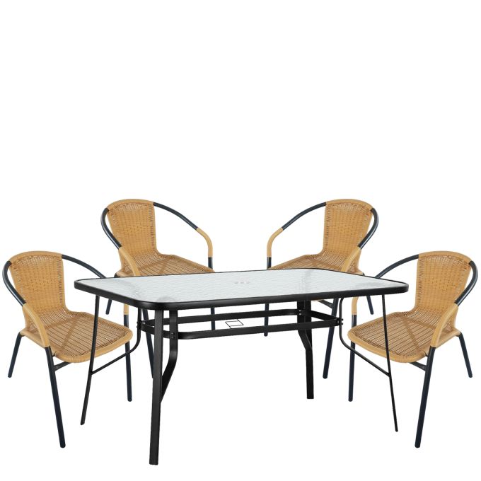 Σετ Τραπεζαρία Κήπου ArteLibre SUN Μαύρο/Μπεζ Rattan/Γυαλί/Μέταλλο Με 4 Πολυθρόνες 14990535