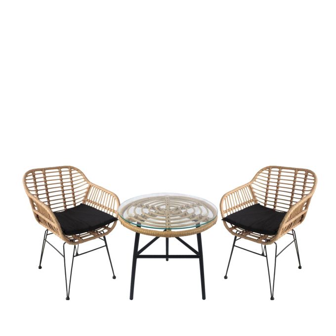 Σετ Τραπεζαρία Κήπου ArteLibre ARELLIUS Φυσικό/Μαύρο Μέταλλο/Rattan/Γυαλί Με 2 Καρέκλες 14990337