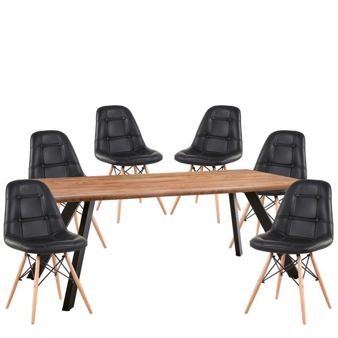 Σετ Τραπεζαρία (6+1) ArteLibre AOSA Μαύρο/Honey Maple Μέταλλο/Ξύλο/PVC/MDF 160x90x76cm 14990404