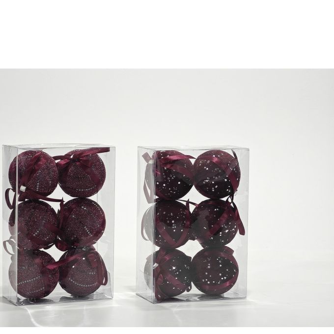 Χριστουγεννιάτικες Μπάλες Μπορντό 80mm Σετ 6Τμχ Σε 2 Σχέδια