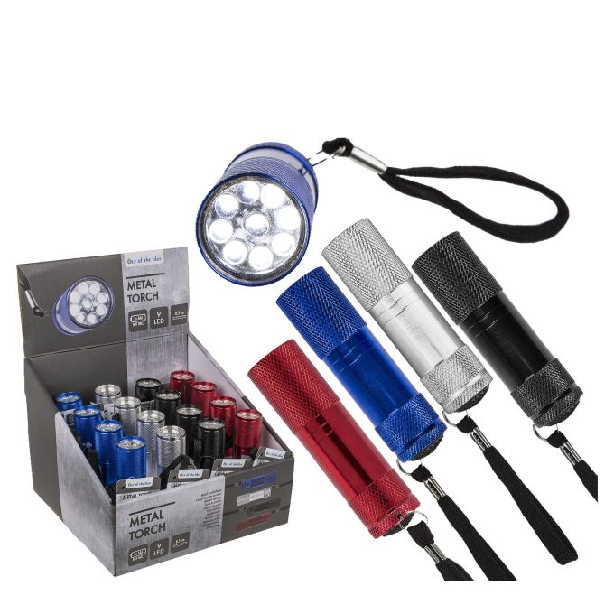 Φακός Με 9 LED Μπαταρίας Μέταλλο 8.5cm Σε 4 Χρώματα