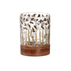 Κηροπήγιο ArteLibre Με Διακόσμηση Φύλλα Διάφανο/Καφέ Γυαλί/Ξύλο 13.5cm
