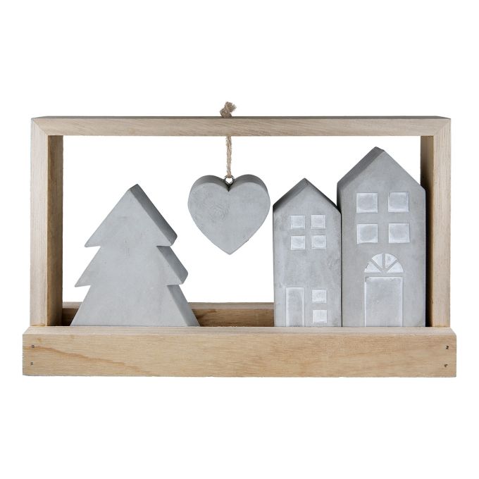 Ανάγλυφο Σταντ Ορθογώνιο 'Casa' Μοτίβο Σπιτιού Τσιμέντο/Ξύλο Εκρού/Γκρι 5x25.5x15cm