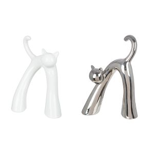 Φιγούρα Γάτα 'Kara' Κεραμικό Ασημί/Λευκό 2Τμχ 5x16x22cm