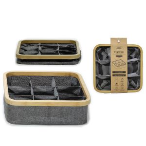 Καλάθι Αποθήκευσης Πτυσσόμενο 9 Θέσεων Με Polyester 600D Θήκη Και Λαβές Γκρι/Φυσικό Ύφασμα/Ξύλο 30x30x9cm