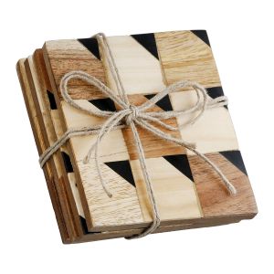 Σετ 4 Τεμαχίων Σουβέρ Τετράγωνο Ξύλο Μάνγκο Μαύρο/Καφέ/Εκρού 10x10cm