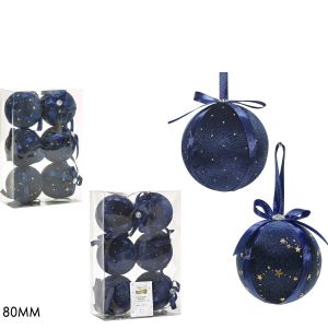 Χριστουγεννιάτικη Μπάλα Μπλε 80mm Σετ 6Τμχ Σε 2 Σχέδια